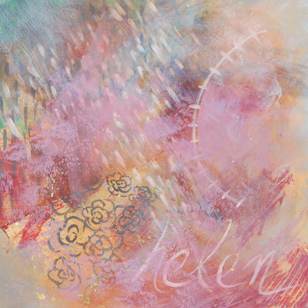 Studies inspired by female artist painters. Helen is an artwork by Joanne Probyn created in acrylic and gold leaf on paper and mounted to wood panel. It is heavily layered and explores symbols including flowers, sewing lines, raindrops and scratches. Colors include pink, gold, burgundy, blue-gray and green.